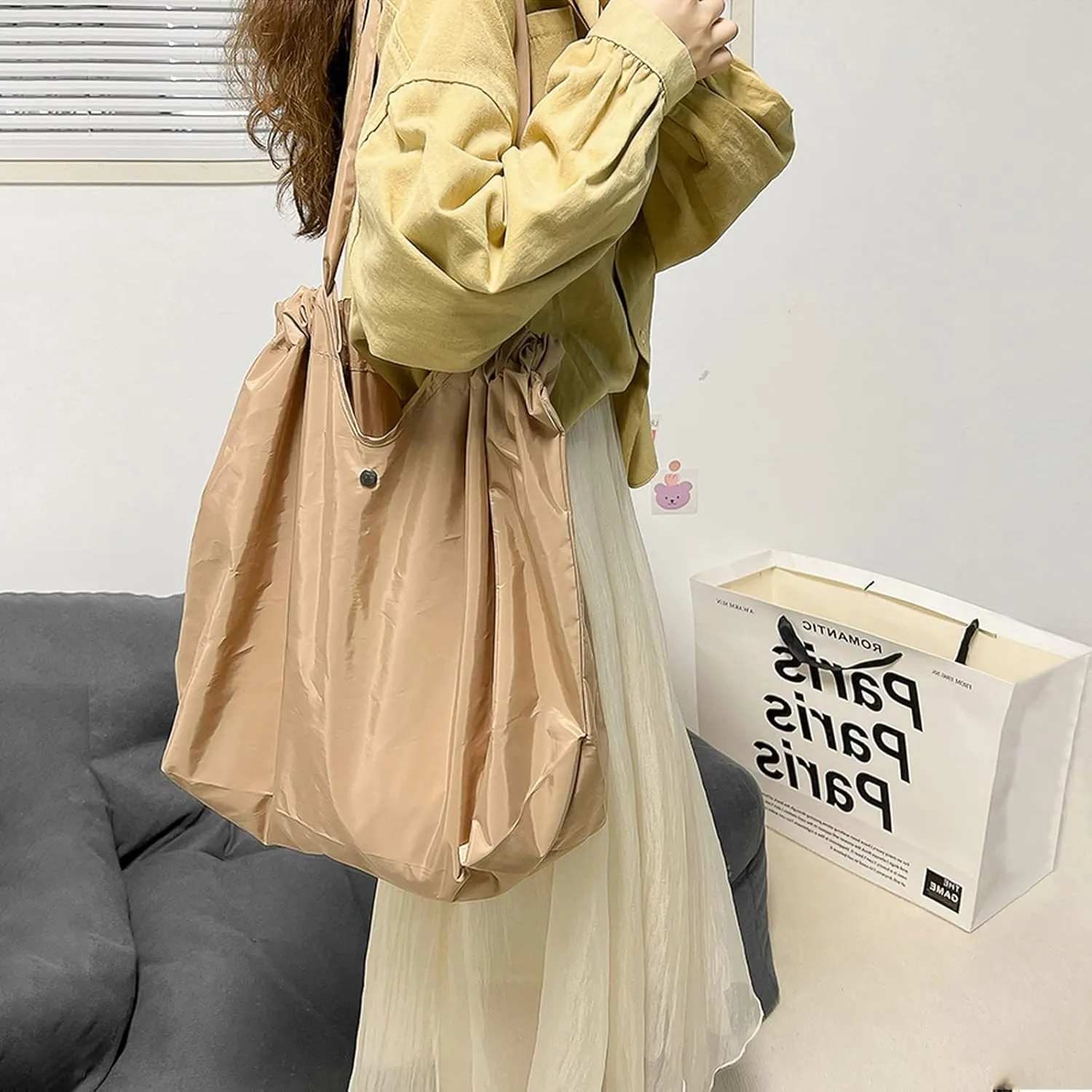 Foldable Shopping Bag for Groceries, Large Capacity Portable Tote Bag for Travel Waterproof Reusable Bags with Handles for Supermarket Picnic Beach (Brown)