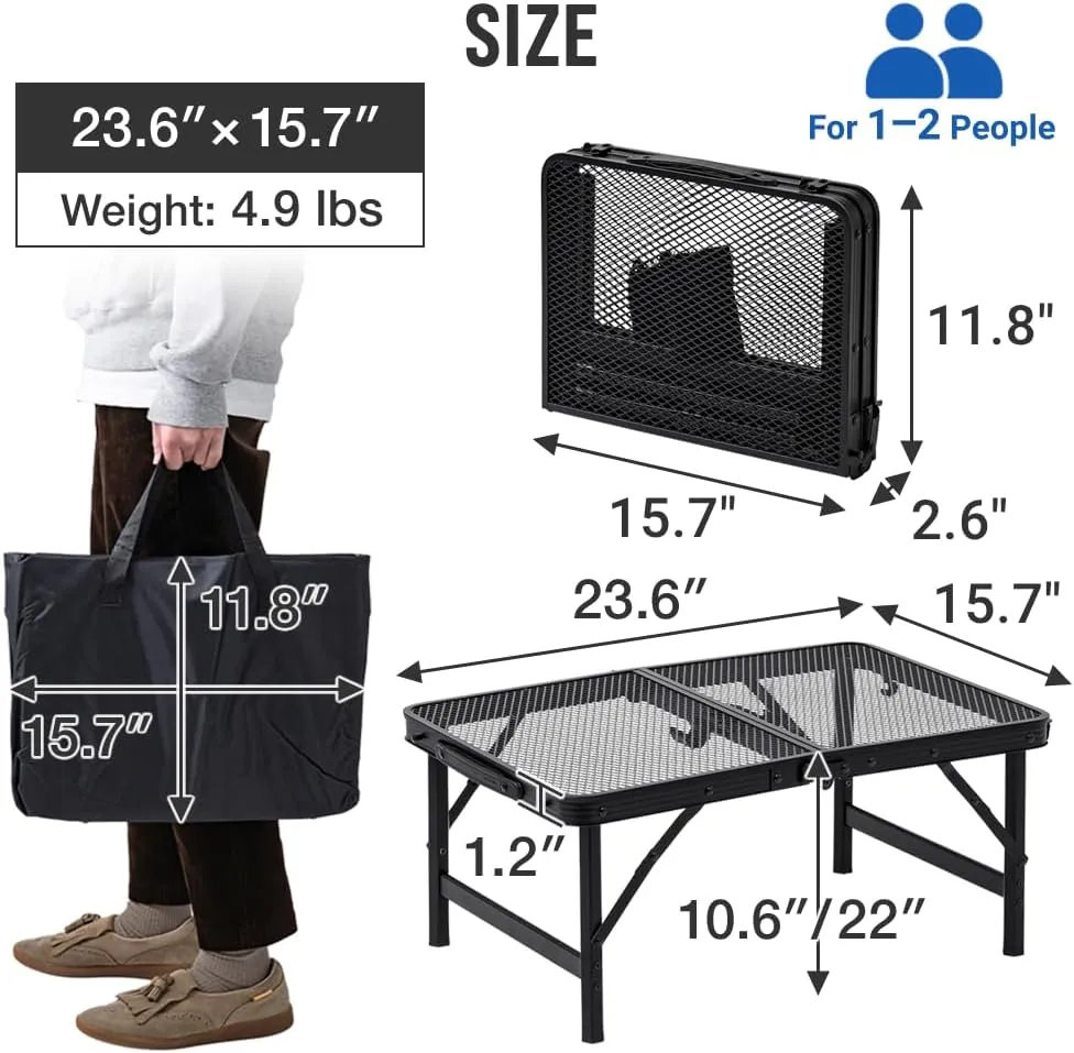 Folding Grill Table, 2 x 1.3 FT Lightweight Height Adjustable Aluminum Table with Mesh Desktop and Mesh Bag for Outdoor Camping Picnic BBQ (Silver, Small (23" x 15"))