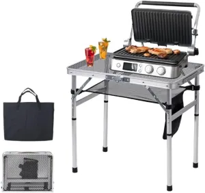 Folding Grill Table, 2 x 1.3 FT Lightweight Height Adjustable Aluminum Table with Mesh Desktop and Mesh Bag for Outdoor Camping Picnic BBQ (Silver, Small (23" x 15"))