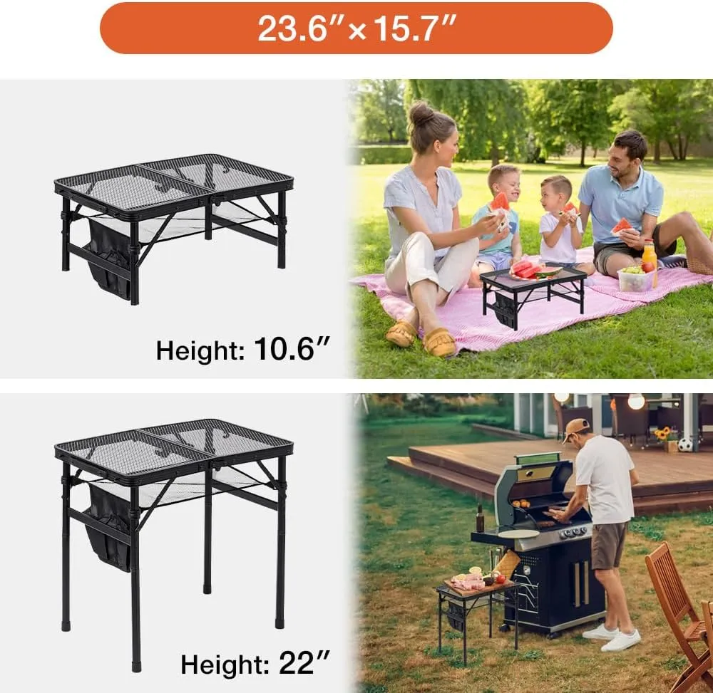 Folding Grill Table, 2 x 1.3 FT Lightweight Height Adjustable Aluminum Table with Mesh Desktop and Mesh Bag for Outdoor Camping Picnic BBQ (Silver, Small (23" x 15"))