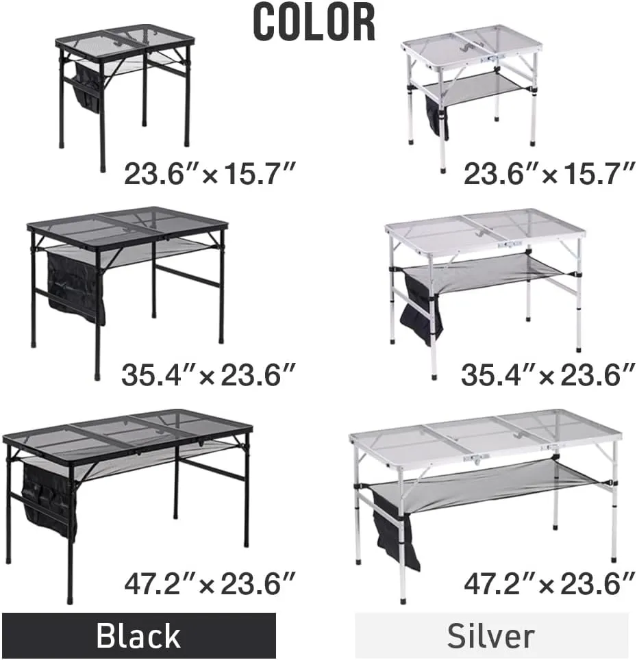 Folding Grill Table, 2 x 1.3 FT Lightweight Height Adjustable Aluminum Table with Mesh Desktop and Mesh Bag for Outdoor Camping Picnic BBQ (Silver, Small (23" x 15"))