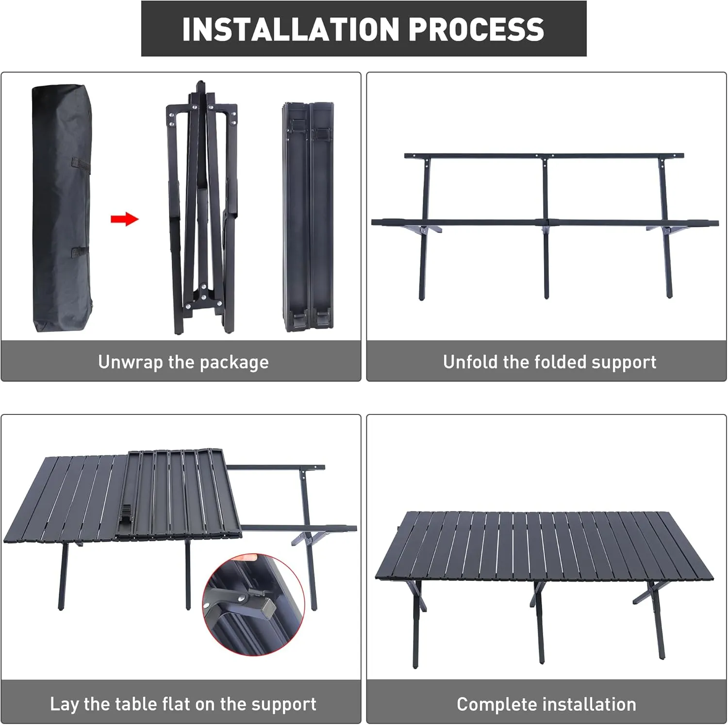 Folding Outdoor Table with Carrying Bag, Stable Steel Roll-up Square Table for Indoor, Outdoor Camping, Picnics, Beach,Backyard, BBQ, Party, Patio, 47x24X17.5 in, Black