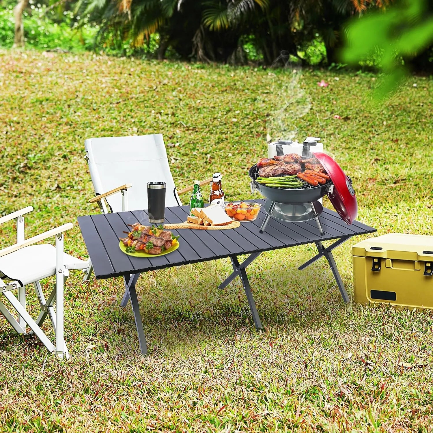 Folding Outdoor Table with Carrying Bag, Stable Steel Roll-up Square Table for Indoor, Outdoor Camping, Picnics, Beach,Backyard, BBQ, Party, Patio, 47x24X17.5 in, Black