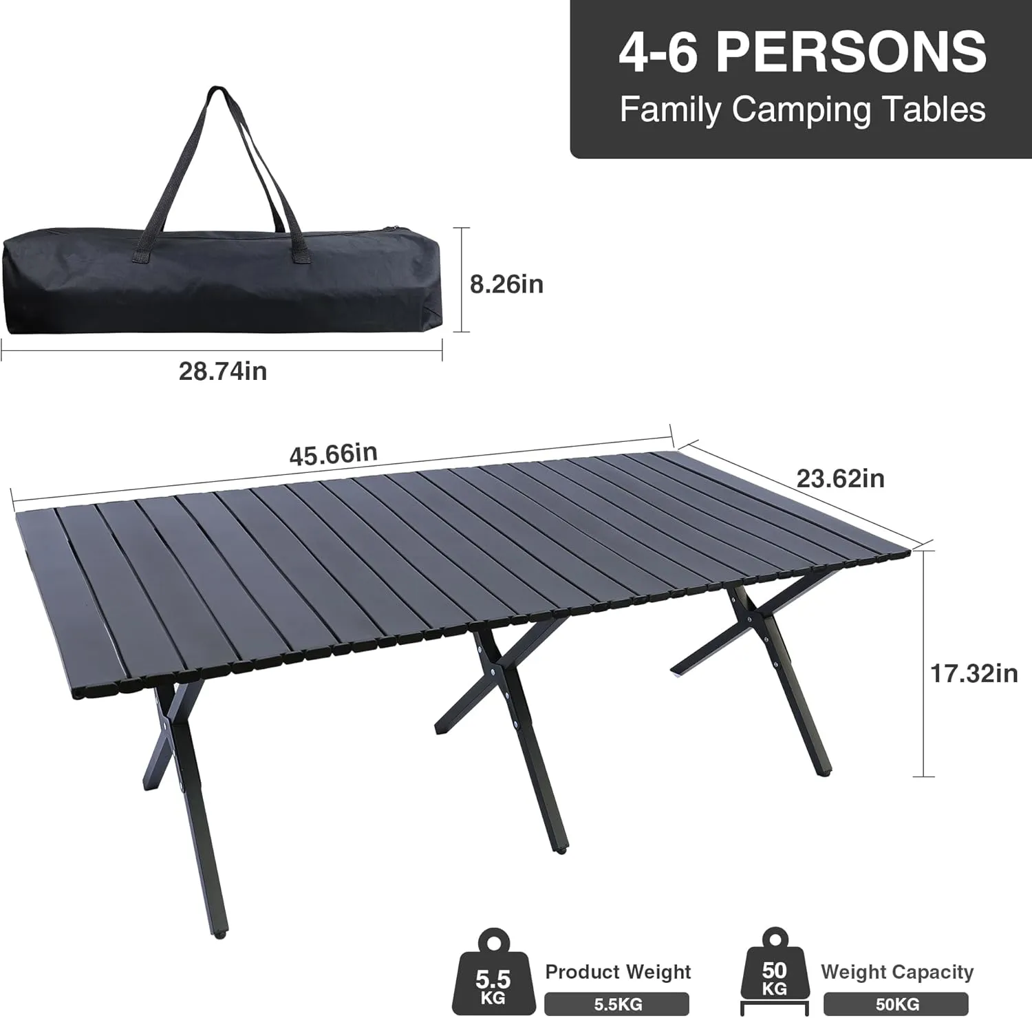 Folding Outdoor Table with Carrying Bag, Stable Steel Roll-up Square Table for Indoor, Outdoor Camping, Picnics, Beach,Backyard, BBQ, Party, Patio, 47x24X17.5 in, Black