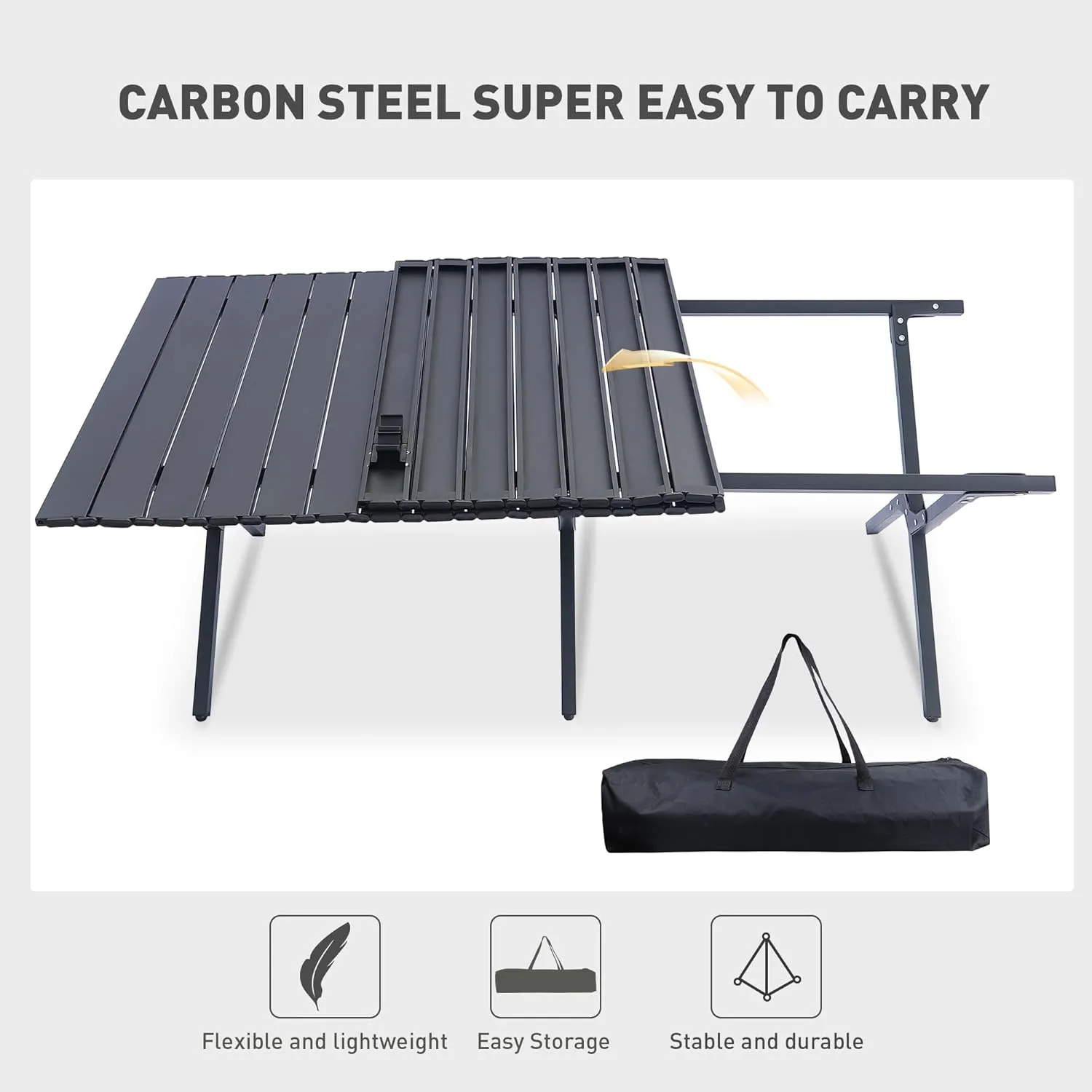 Folding Outdoor Table with Carrying Bag, Stable Steel Roll-up Square Table for Indoor, Outdoor Camping, Picnics, Beach,Backyard, BBQ, Party, Patio, 47x24X17.5 in, Black
