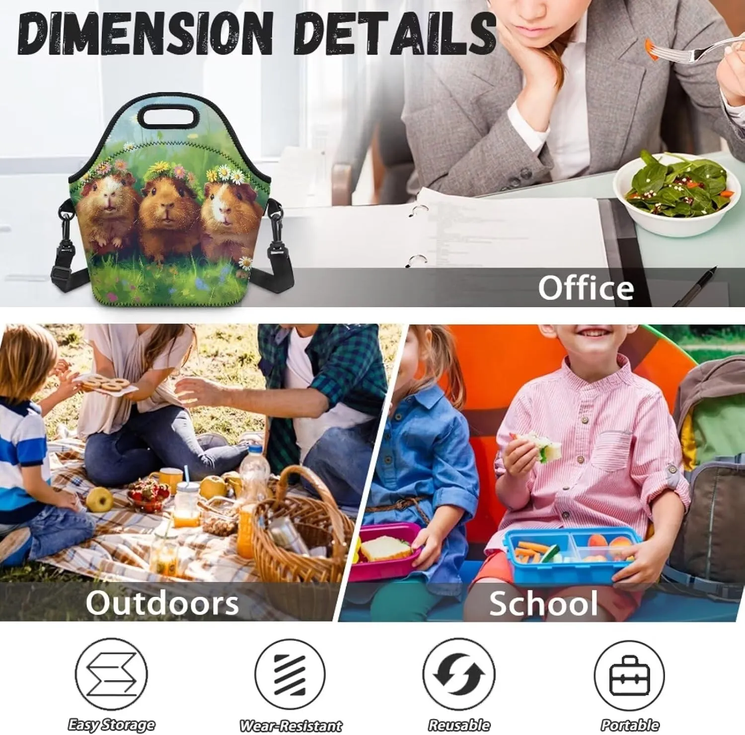 FOR U DESIGNS Lunch Box for Girls Insulated Lunch Bag Small Leakproof Cooler Bag Washable Reusable Lunch Tote Bag Guinea Pig Print Crossbody Handbags