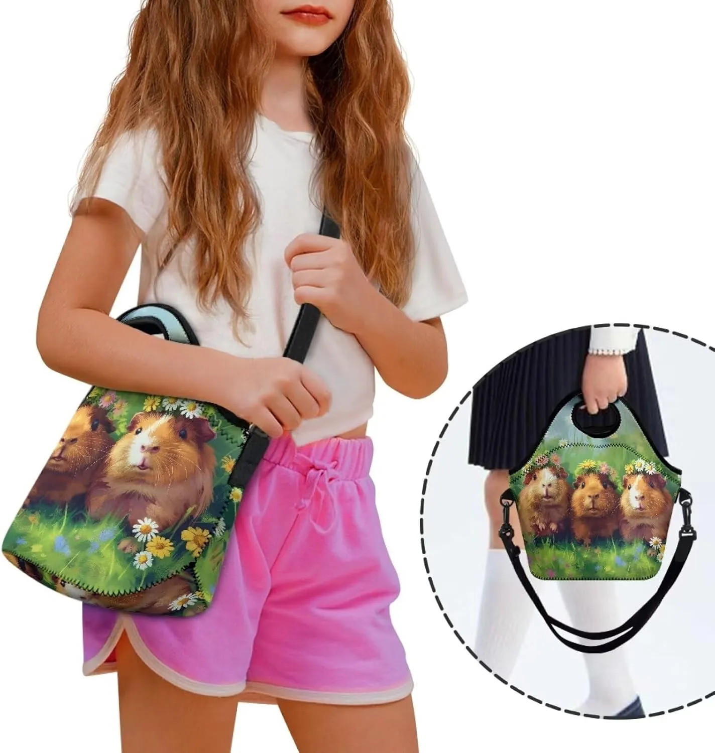 FOR U DESIGNS Lunch Box for Girls Insulated Lunch Bag Small Leakproof Cooler Bag Washable Reusable Lunch Tote Bag Guinea Pig Print Crossbody Handbags