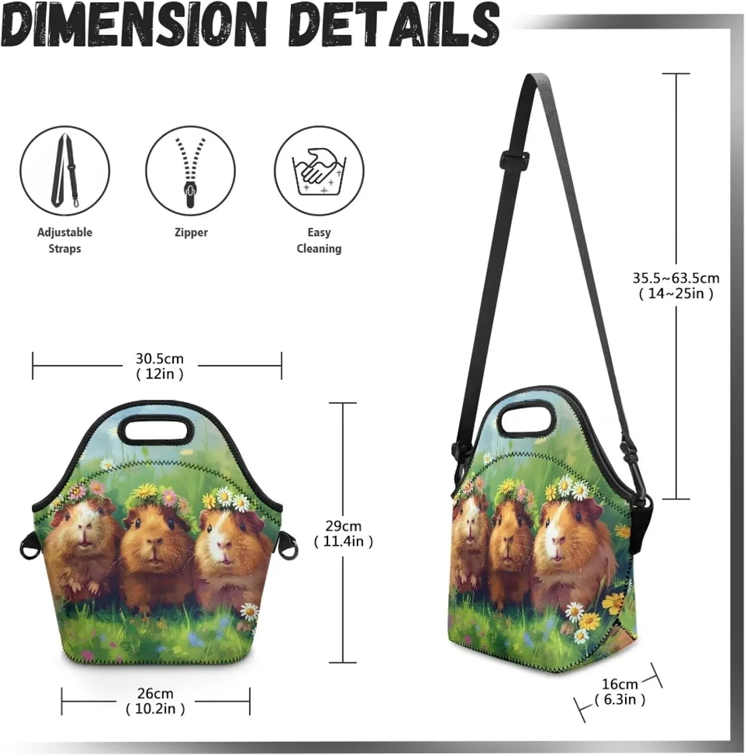 FOR U DESIGNS Lunch Box for Girls Insulated Lunch Bag Small Leakproof Cooler Bag Washable Reusable Lunch Tote Bag Guinea Pig Print Crossbody Handbags