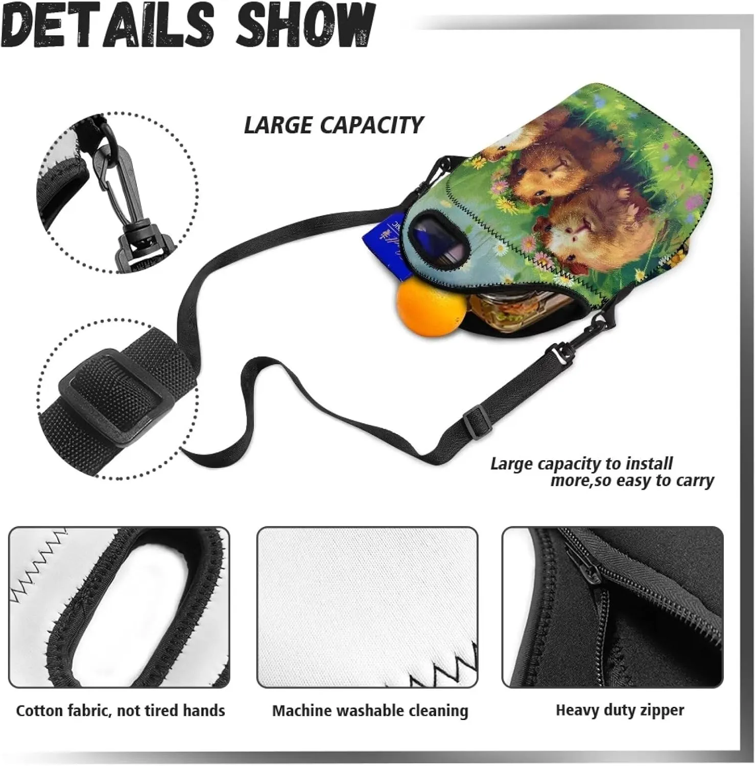 FOR U DESIGNS Lunch Box for Girls Insulated Lunch Bag Small Leakproof Cooler Bag Washable Reusable Lunch Tote Bag Guinea Pig Print Crossbody Handbags