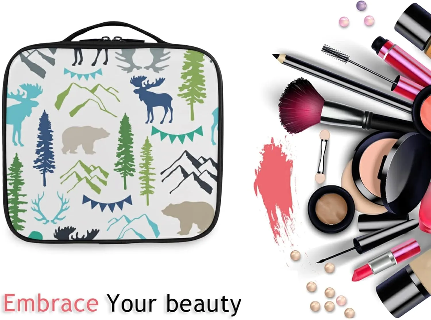 Forest Moose Reindeer Bear Mountains Trees Wild Nature Women's Portable Makeup Bags with Handle, Adjustable Dividers, Travel Cosmetic Toiletry Accessories Storage Organizer for Girls