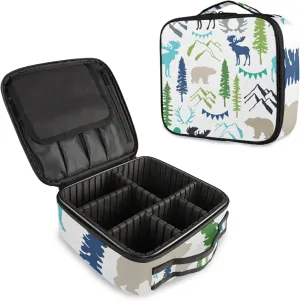 Forest Moose Reindeer Bear Mountains Trees Wild Nature Women's Portable Makeup Bags with Handle, Adjustable Dividers, Travel Cosmetic Toiletry Accessories Storage Organizer for Girls