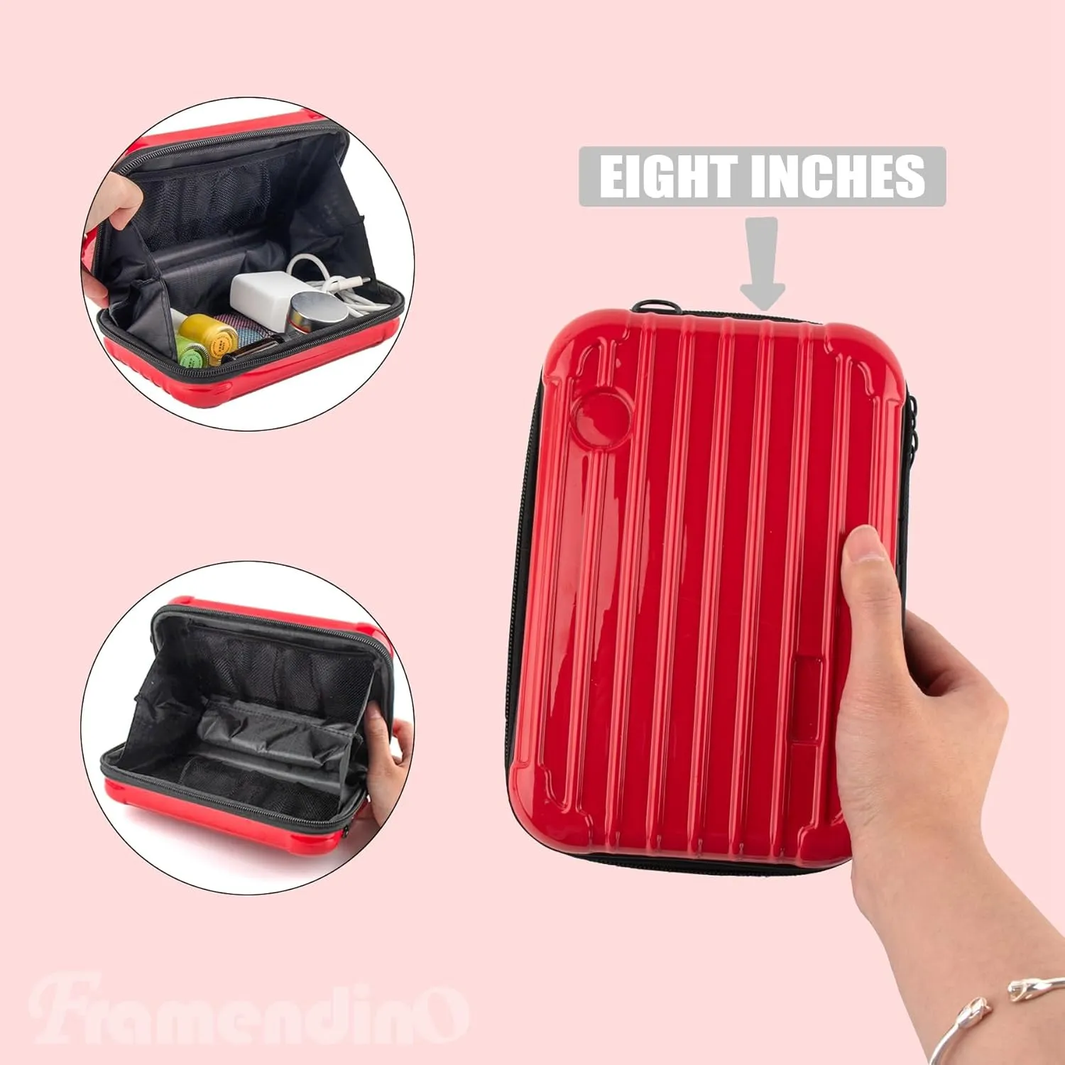 Framendino, 8 Inch Red Hard Shell Cosmetics Case Carrying Bag for Toiletry Mini Cross Body with Detachable Grip Rope and Shoulder Strap