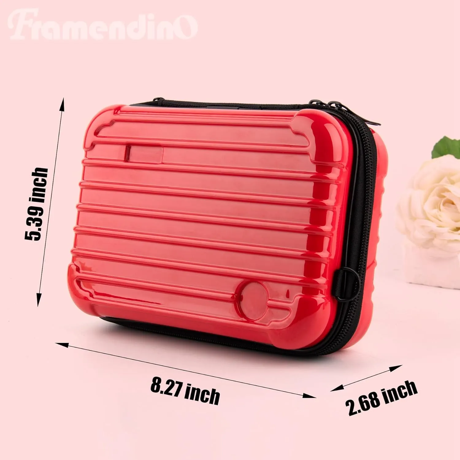 Framendino, 8 Inch Red Hard Shell Cosmetics Case Carrying Bag for Toiletry Mini Cross Body with Detachable Grip Rope and Shoulder Strap