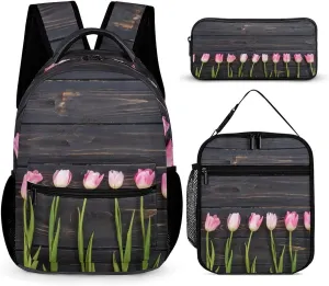 Freshly Picked Tulips Backpack Portable Meal Bag, Stationery Bag Set, Sturdy And Durable