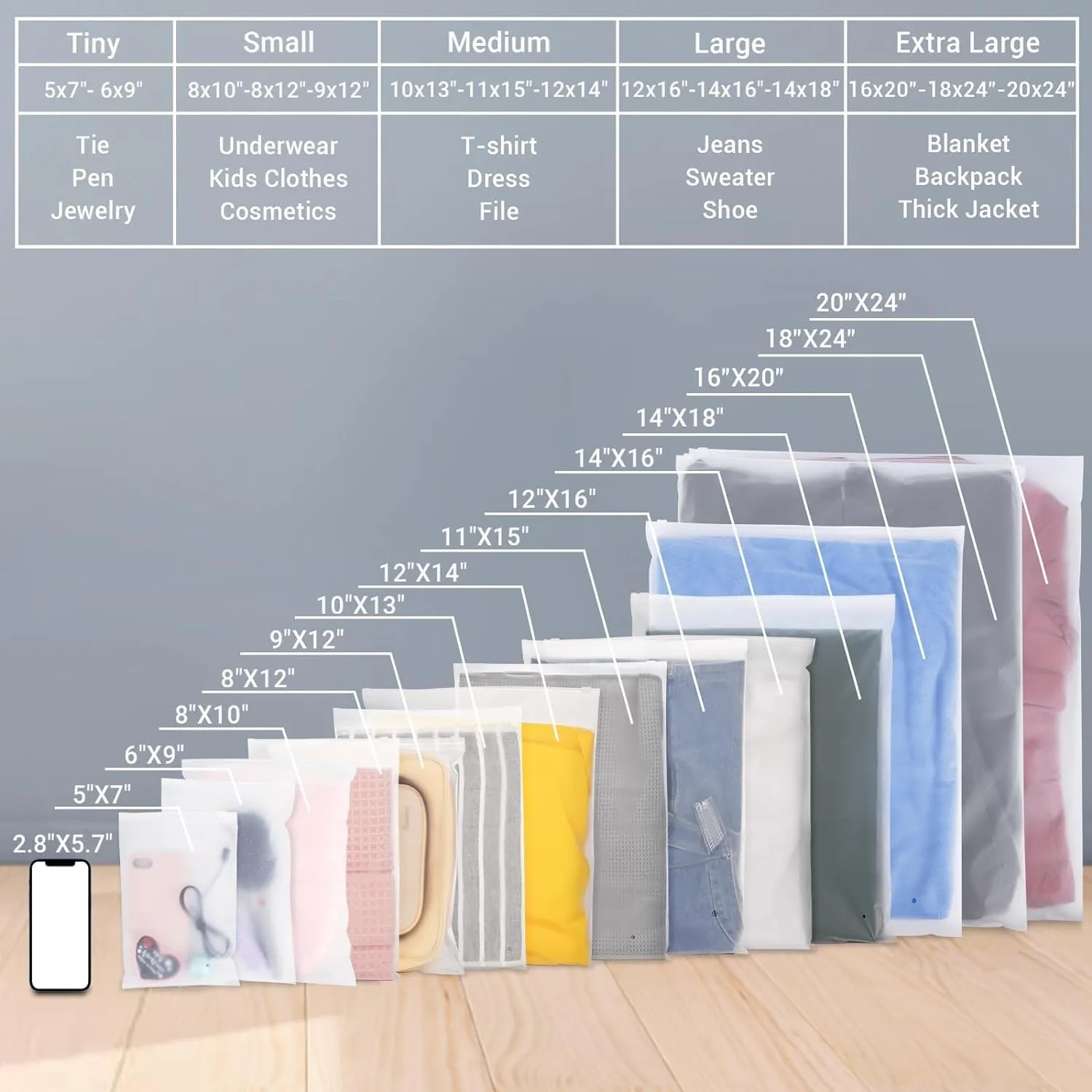 Frosted Zipper Bags for Clothes 2 Gallon, 200 Count 14x18 inch Plastic Bags for Clothes, Frosted Zipper Poly Bags for Packaging Sweaters, Hoodies, Women Shoe, Sewing Projects, 3 Mil