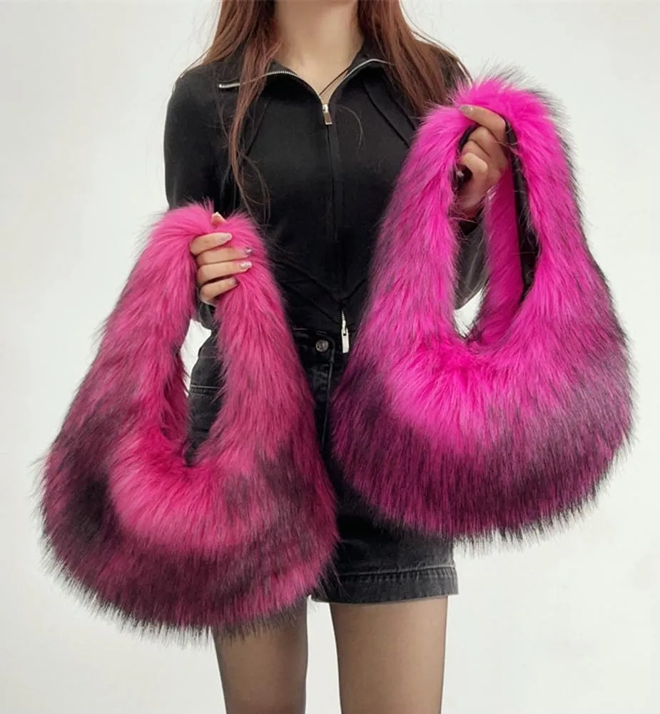 Furry Purse for Women Faux Fur Shoulder Bag Y2k Purse Fluffy Large Tote Bag Fuzzy Handbags Dumpling Satchels