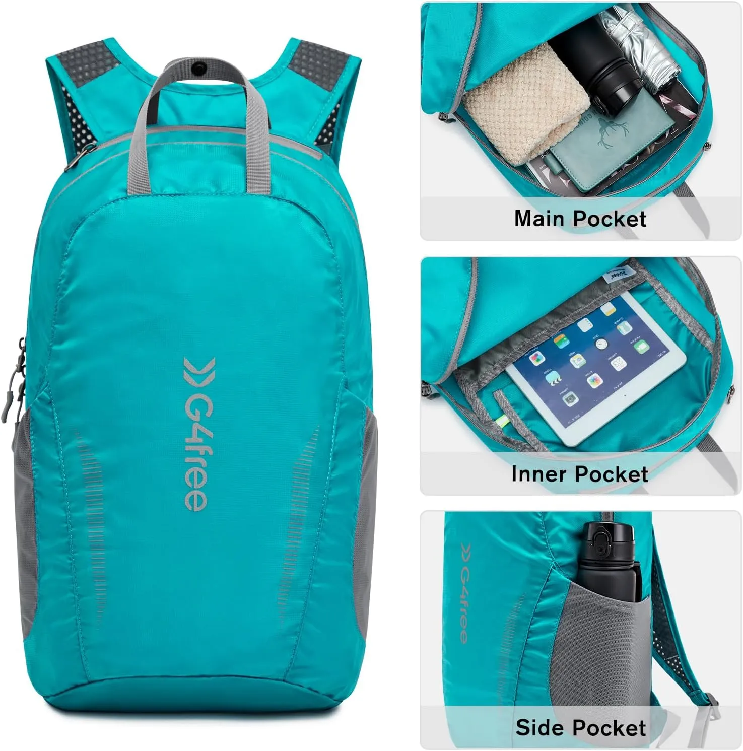 G4Free 25L Lightweight Hiking Backpack Packable Foldable Sport Travel Daypack Water Resistant for Women Men（Peacock Blue）