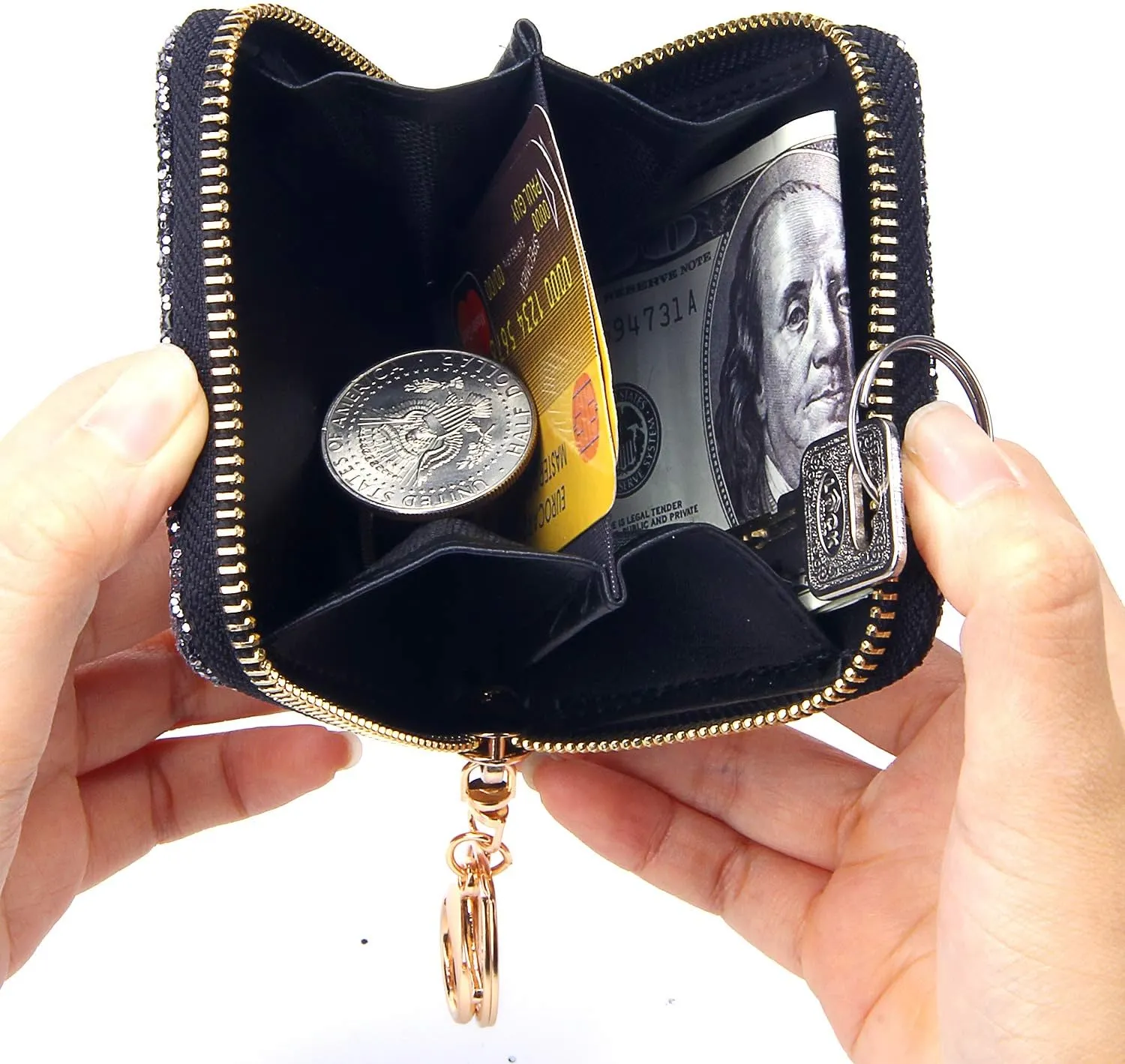 GEEAD Small Glitter Wallet for Women Girls Mini Coin Purse Pouches with Key Ring