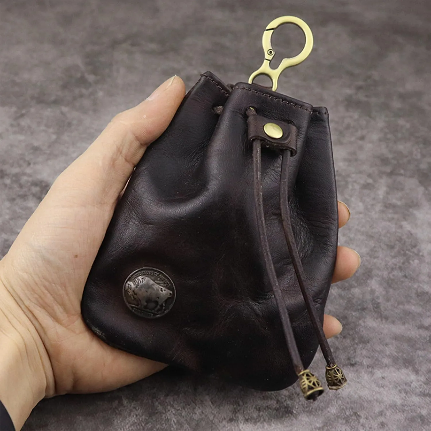 Genuine Leather - Drawstring Pouch Leather Coin Purse Pouch Keychain Mini Vintage Jewelry Key Dice Personality Change Coin Purse Pouch Bag Organizer for Men & Women (Red)
