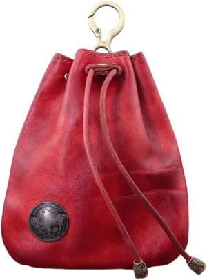 Genuine Leather - Drawstring Pouch Leather Coin Purse Pouch Keychain Mini Vintage Jewelry Key Dice Personality Change Coin Purse Pouch Bag Organizer for Men & Women (Red)
