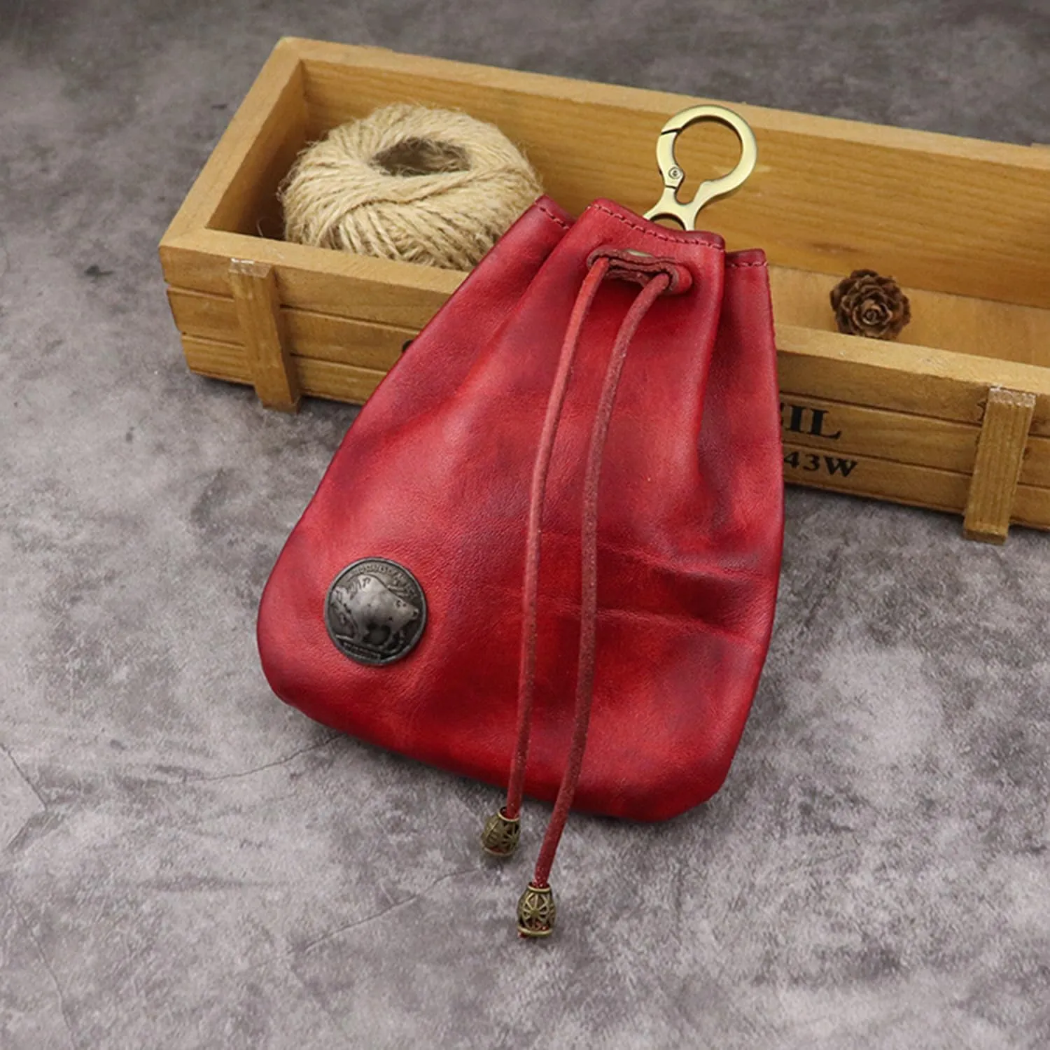 Genuine Leather - Drawstring Pouch Leather Coin Purse Pouch Keychain Mini Vintage Jewelry Key Dice Personality Change Coin Purse Pouch Bag Organizer for Men & Women (Red)