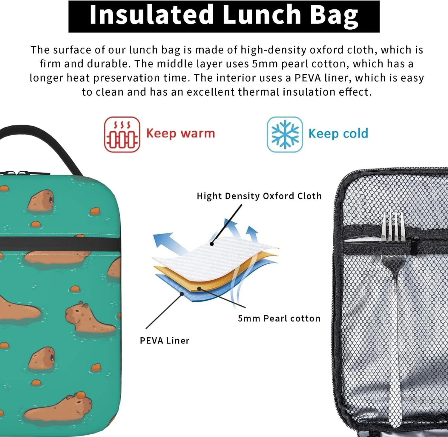Gianlaima Cute Capybara Play Eat Food Insulated Lunch Box For Women Man, Portable Lunch Bag Reusable Cooler Tote For Office Work Travel Picnic Camping Beach