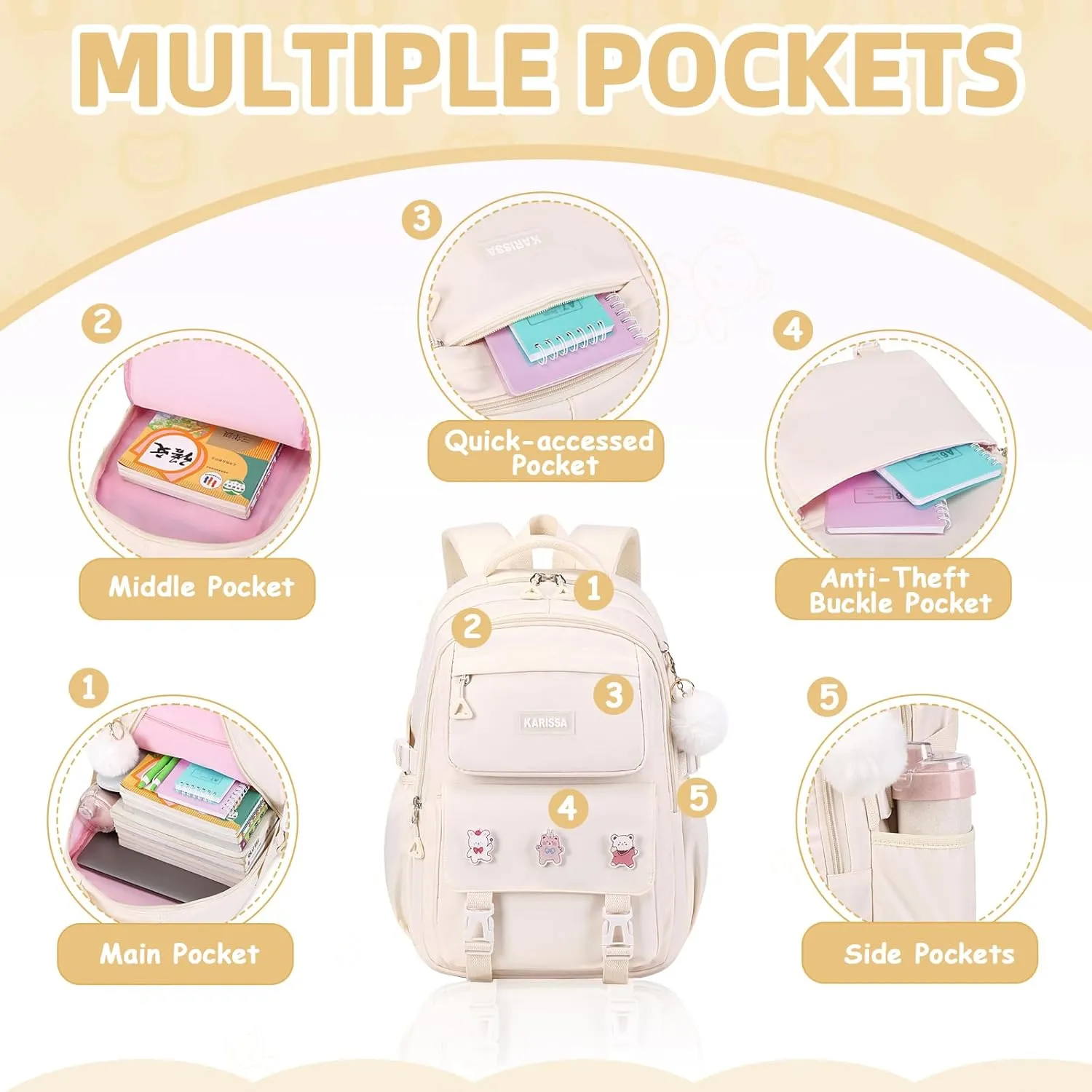 Girls Backpack, Kids Backpack for Girls with Anti-theft Back Pocket, Lightweight School Back Pack, Watrer Resistant, Bookbag for Elementary Primary School, Beige