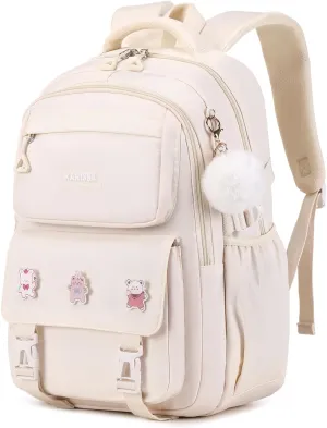 Girls Backpack, Kids Backpack for Girls with Anti-theft Back Pocket, Lightweight School Back Pack, Watrer Resistant, Bookbag for Elementary Primary School, Beige