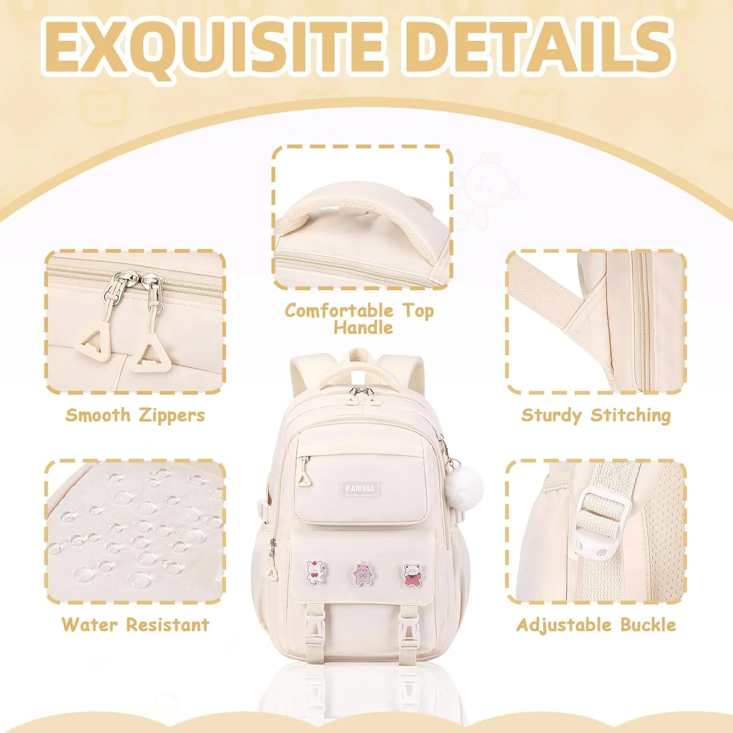 Girls Backpack, Kids Backpack for Girls with Anti-theft Back Pocket, Lightweight School Back Pack, Watrer Resistant, Bookbag for Elementary Primary School, Beige