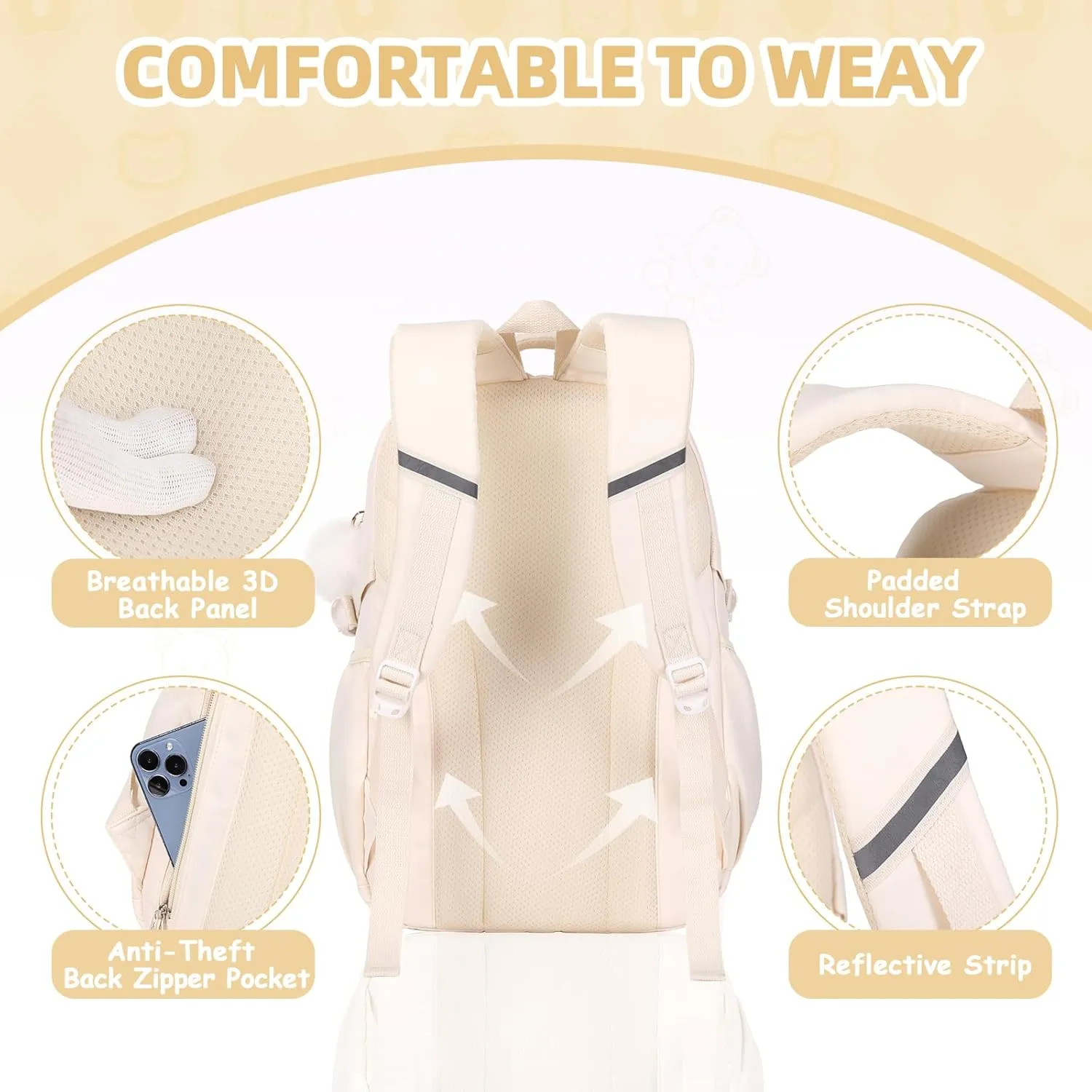 Girls Backpack, Kids Backpack for Girls with Anti-theft Back Pocket, Lightweight School Back Pack, Watrer Resistant, Bookbag for Elementary Primary School, Beige