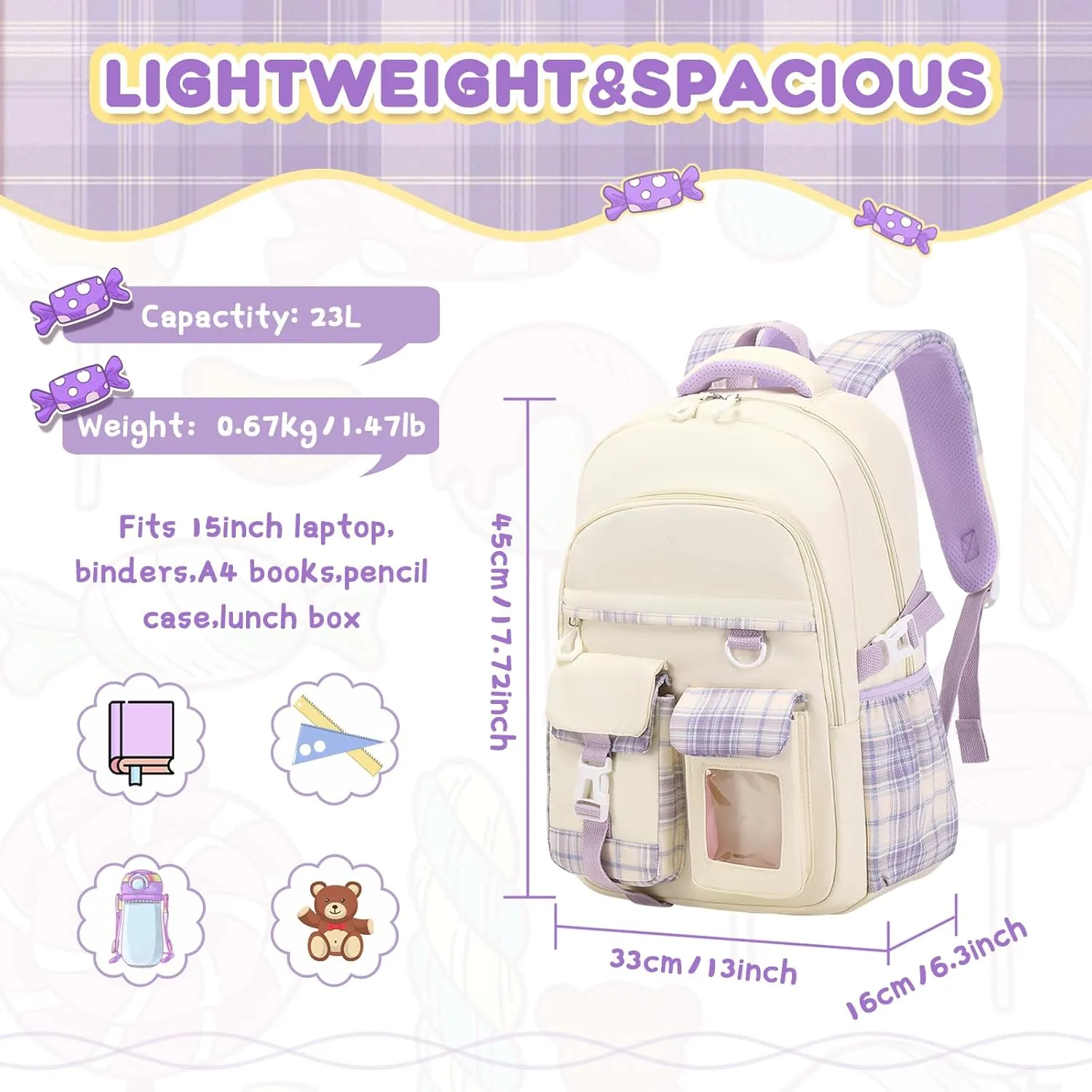Girls Backpack, Lightweight Kids Backpack Functional Pockets Kawaii Teen School Backpack Watrer Resistant Bookbag for Primary Elementary School,Age 6-14 years,Beige