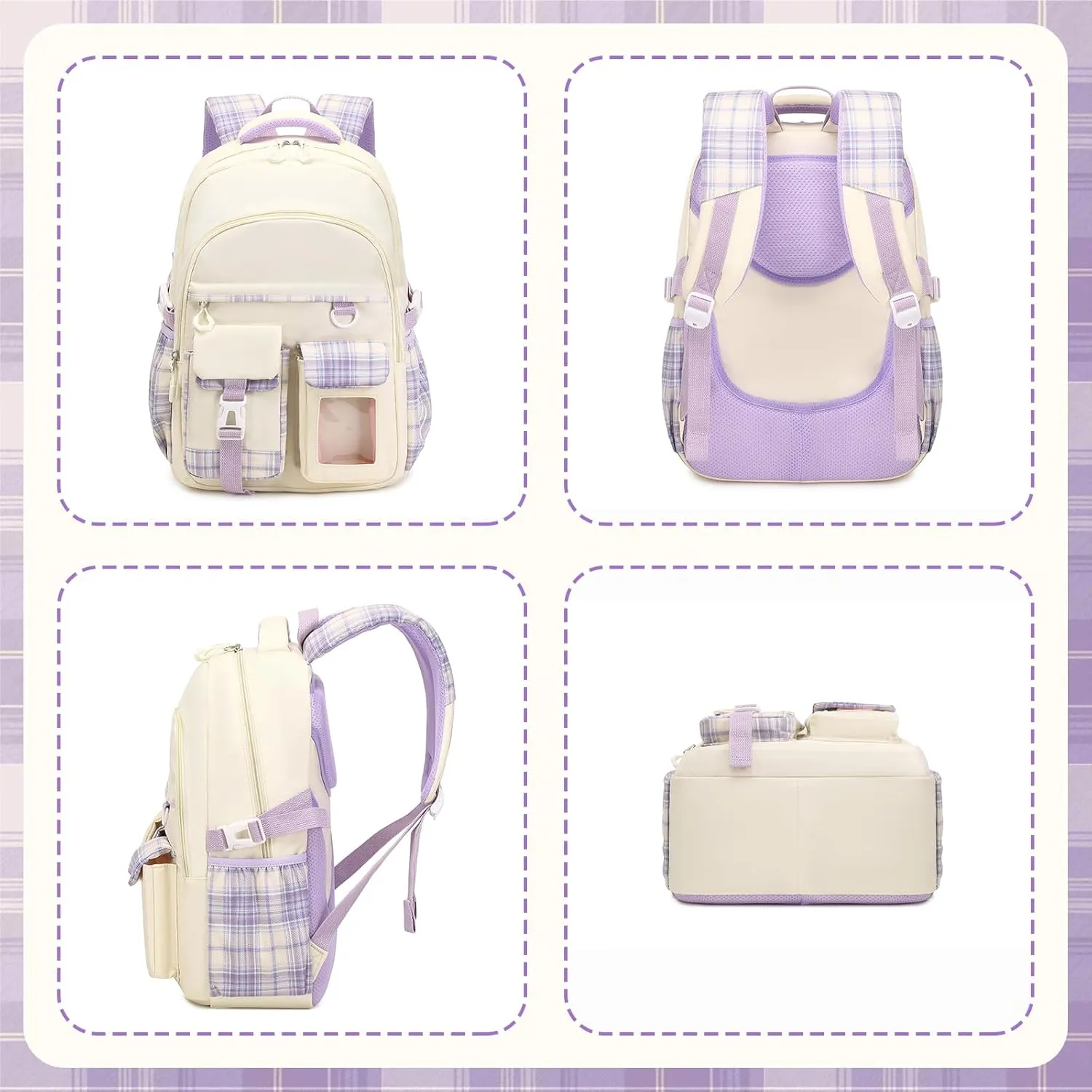 Girls Backpack, Lightweight Kids Backpack Functional Pockets Kawaii Teen School Backpack Watrer Resistant Bookbag for Primary Elementary School,Age 6-14 years,Beige