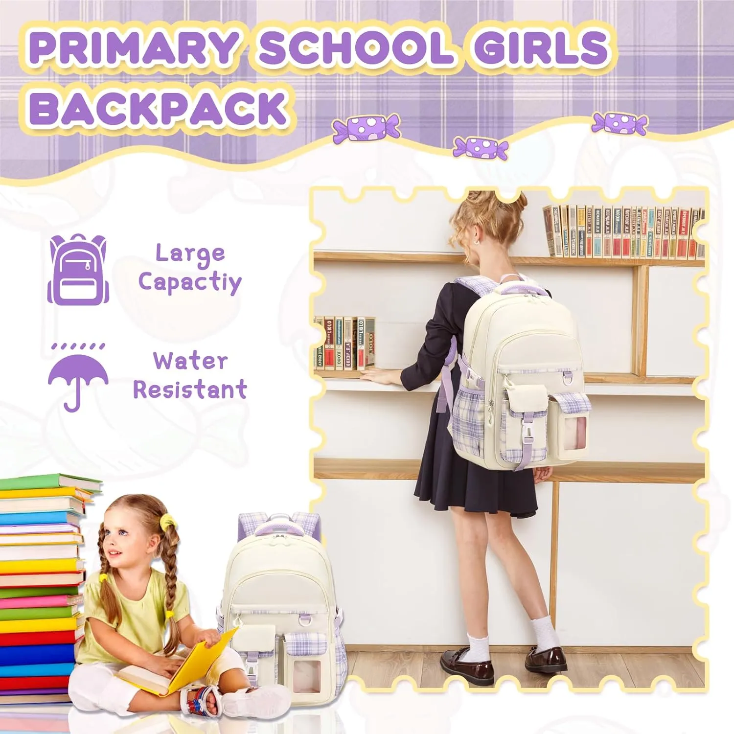 Girls Backpack, Lightweight Kids Backpack Functional Pockets Kawaii Teen School Backpack Watrer Resistant Bookbag for Primary Elementary School,Age 6-14 years,Beige