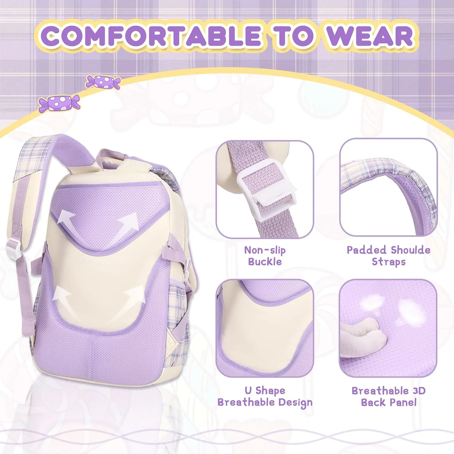 Girls Backpack, Lightweight Kids Backpack Functional Pockets Kawaii Teen School Backpack Watrer Resistant Bookbag for Primary Elementary School,Age 6-14 years,Beige