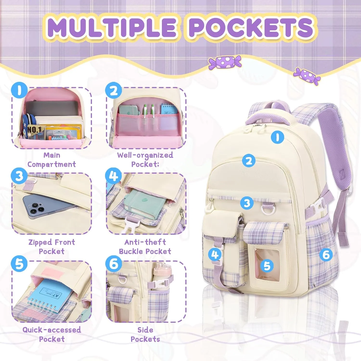 Girls Backpack, Lightweight Kids Backpack Functional Pockets Kawaii Teen School Backpack Watrer Resistant Bookbag for Primary Elementary School,Age 6-14 years,Beige