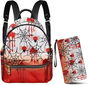 GLENLCWE Red Blood Spider Cobweb Women’s Halloween Leather Backpack and Purse,Small Backpack Travel Rucksack and Long Wallet Handbag
