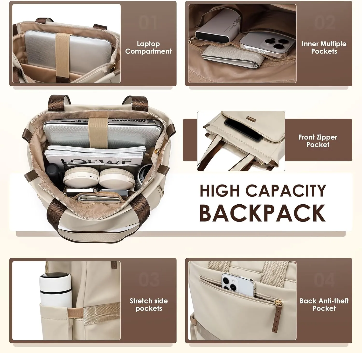 GOLF SUPAGS Convertible Laptop Backpack for Women Casual Daypack Notebook Tote Bag for Work College Travel Leisure (Apricot)