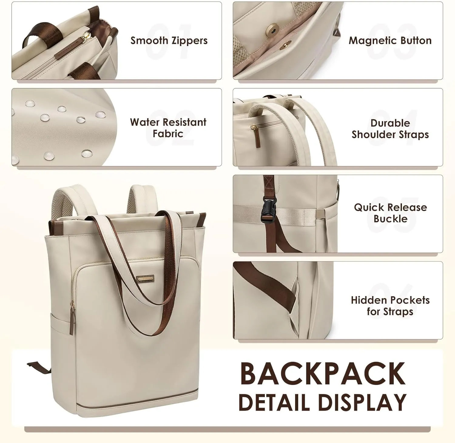 GOLF SUPAGS Convertible Laptop Backpack for Women Casual Daypack Notebook Tote Bag for Work College Travel Leisure (Apricot)