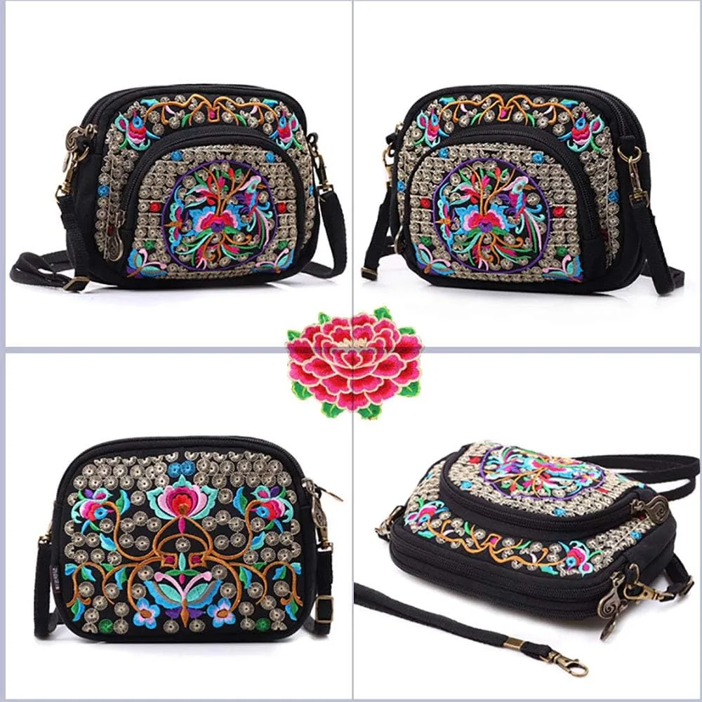 Goodhan Flowers Embroidery Canvas Crossbody Bag, Women Messenger Bag, Cellphone Pouch Purse