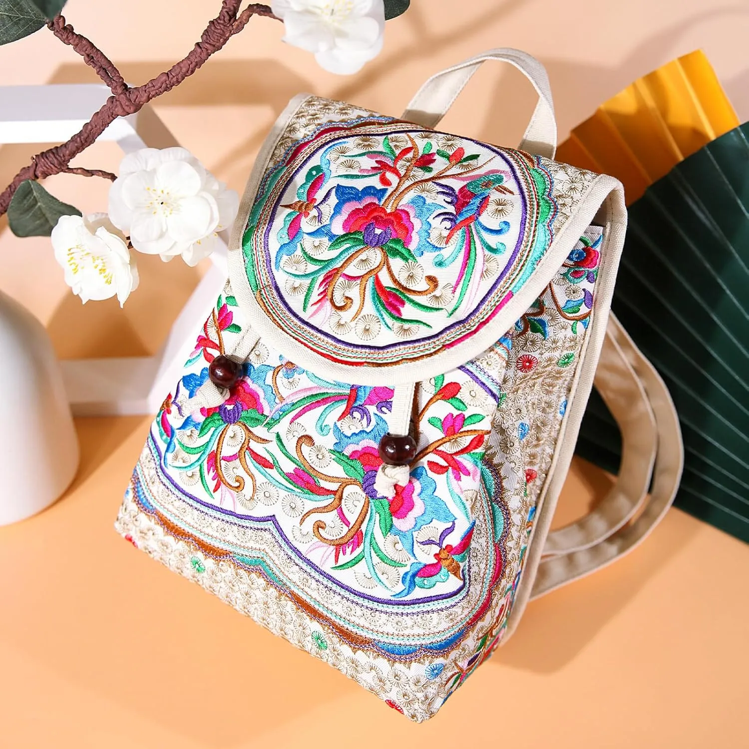 Goodhan Vintage Embroidered Women Backpack Ethnic Travel Handbag Shoulder Bag Beige