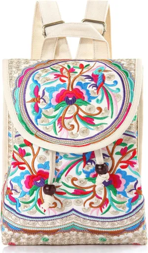 Goodhan Vintage Embroidered Women Backpack Ethnic Travel Handbag Shoulder Bag Beige