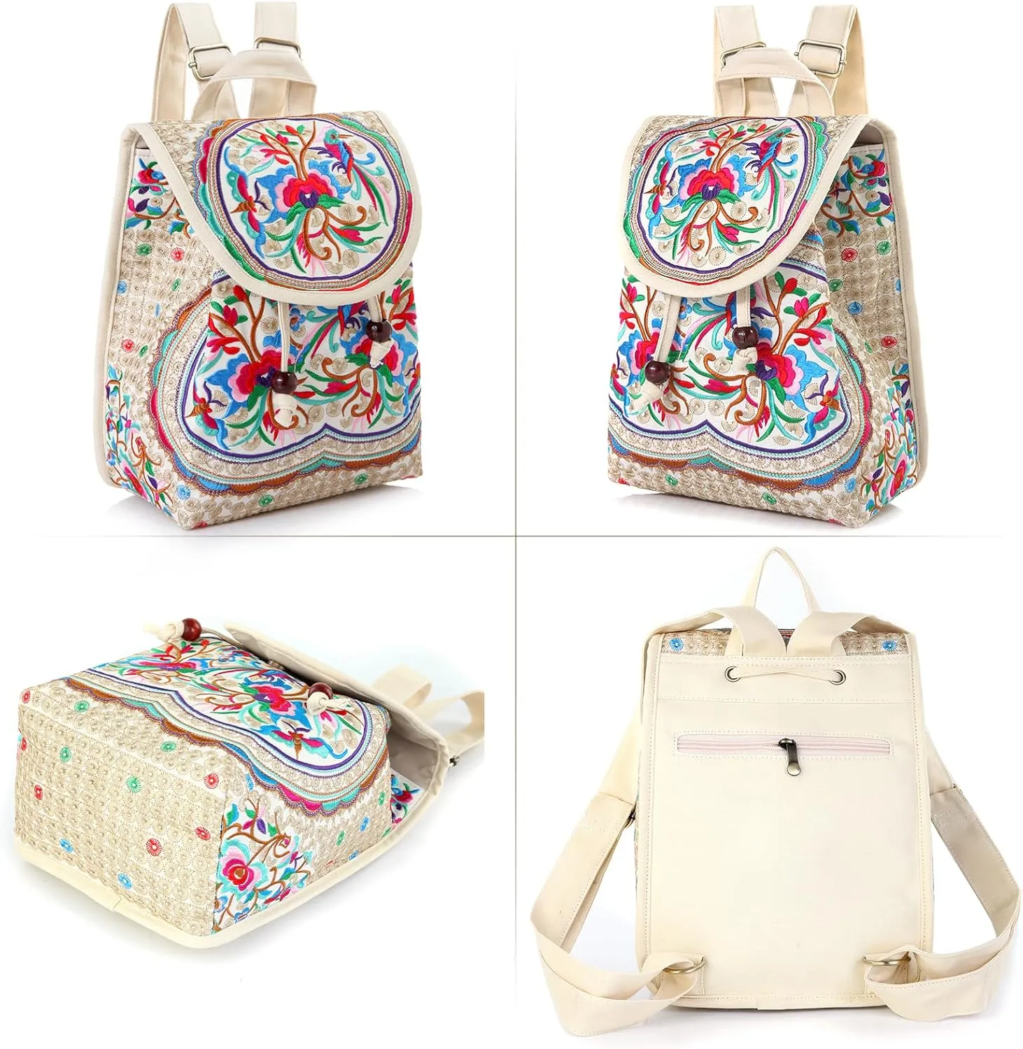 Goodhan Vintage Embroidered Women Backpack Ethnic Travel Handbag Shoulder Bag Beige