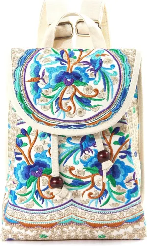 Goodhan Vintage Embroidered Women Backpack Ethnic Travel Handbag Shoulder Bag Beige