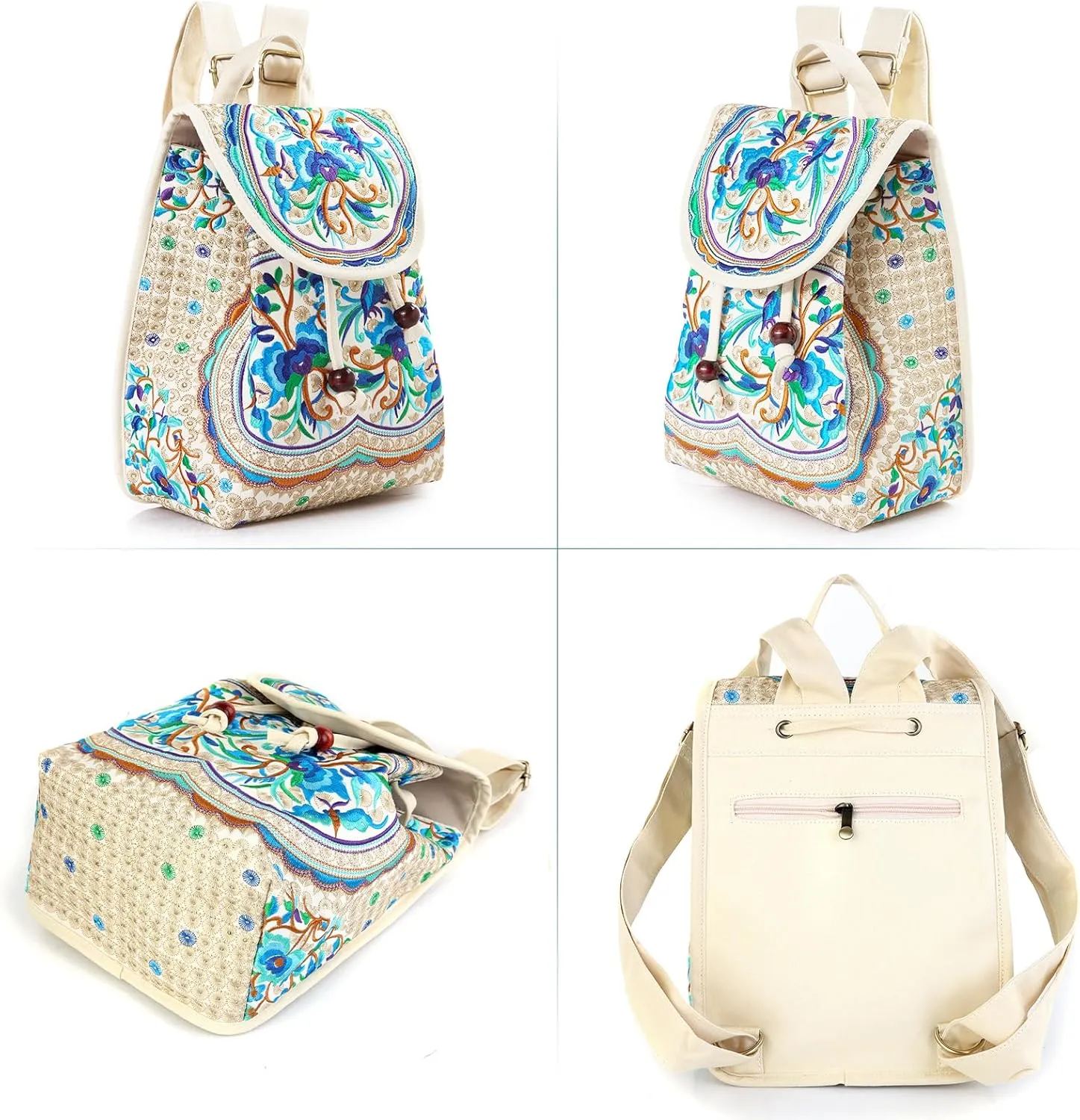 Goodhan Vintage Embroidered Women Backpack Ethnic Travel Handbag Shoulder Bag Beige