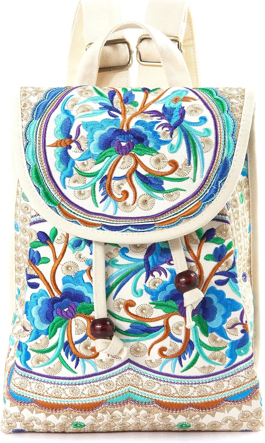Goodhan Vintage Embroidered Women Backpack Ethnic Travel Handbag Shoulder Bag Beige