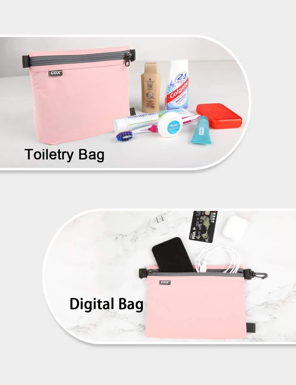 GOX Travel Toiletry Bag Carry On Zipper Pouch Cosmetic Kit Makeup Digital Bag Water Resistant Nylon (Pink)