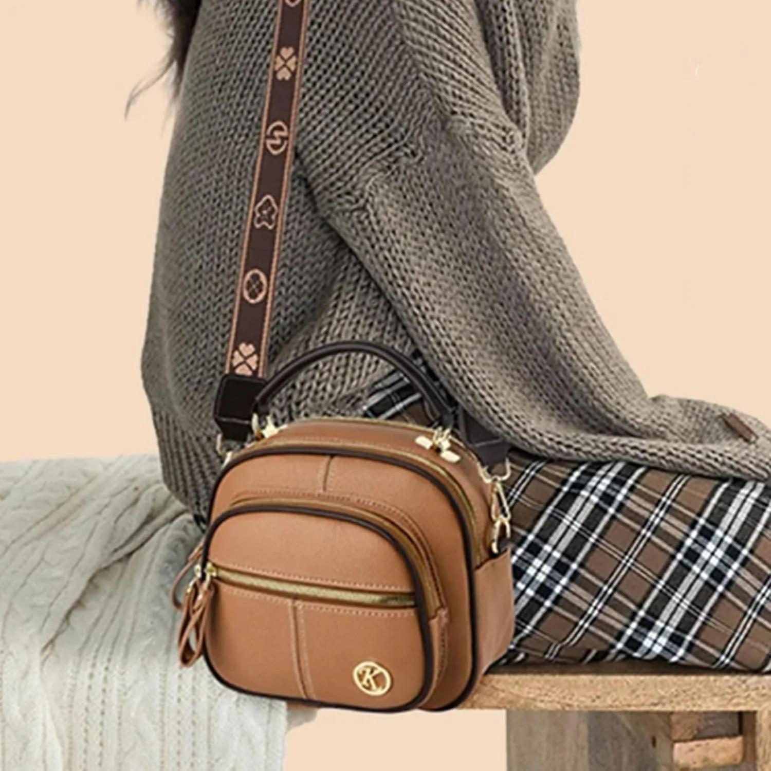 Gpmsign Leather Bag, Multifunctional Compartment Adjustable Wide Shoulder Strap Leather Bag