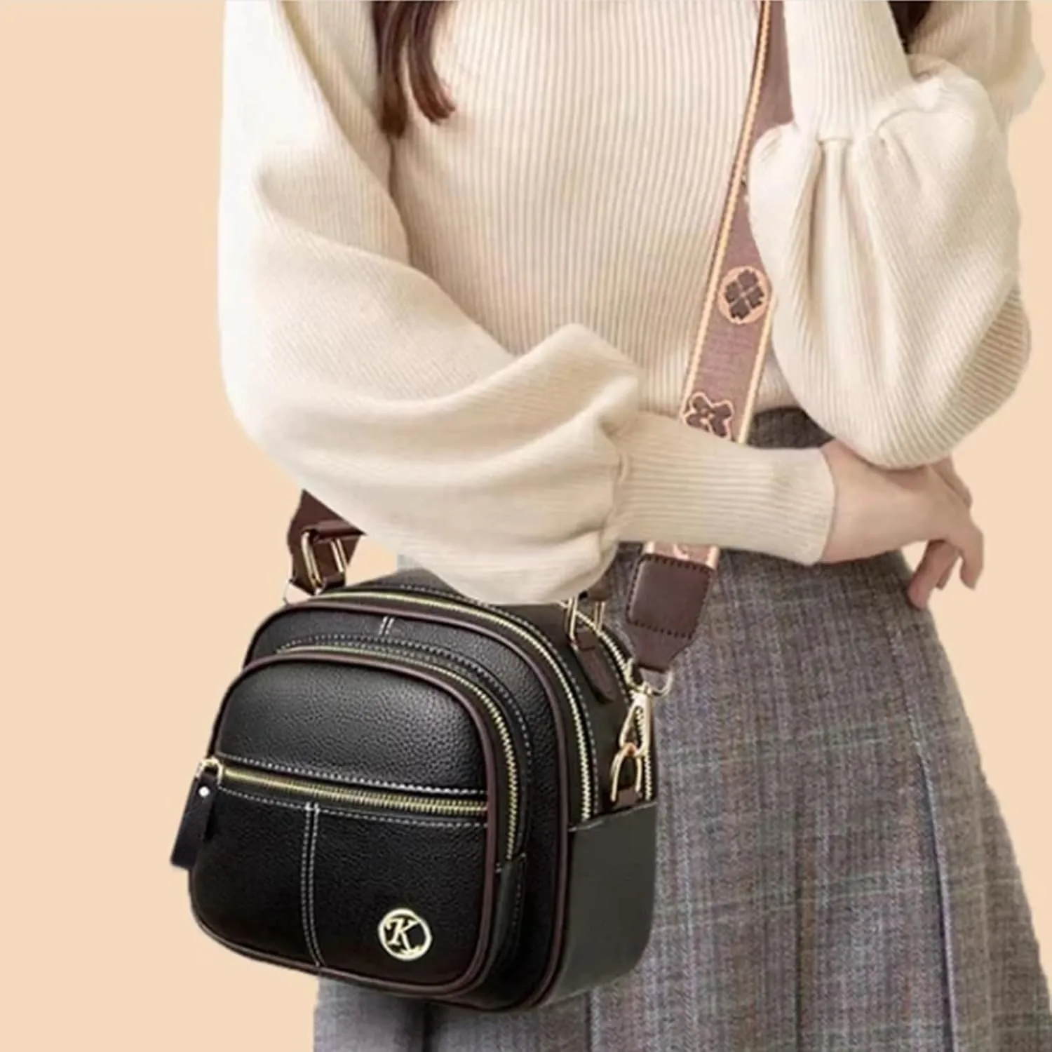 Gpmsign Leather Bag, Multifunctional Compartment Adjustable Wide Shoulder Strap Leather Bag