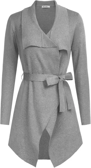 GRACE KARIN Cardigan for Women Lapel Draped Open Front Thin Sweater Long Sleeve Irregular Hem Outwear with Belt