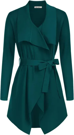 GRACE KARIN Cardigan for Women Lapel Draped Open Front Thin Sweater Long Sleeve Irregular Hem Outwear with Belt
